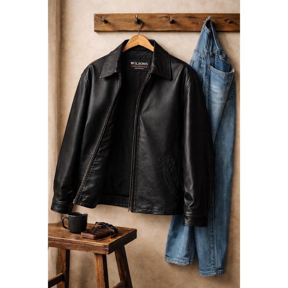 Wilsons Men's Black Leather Full Zip Leather Minimalist Nomcore  Moto Biker L‎
